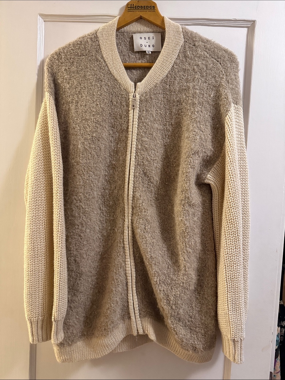 Osei Duro Women's Alpaca Knit Zip-Front Cardigan in Taupe and Cream